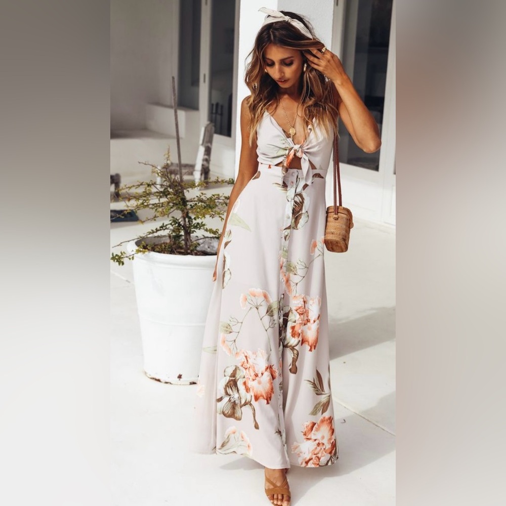 Hello Molly Strappy Sounds of Summer Floral Button Front Cutout Maxi Dress ZB6 - Picture 5 of 8